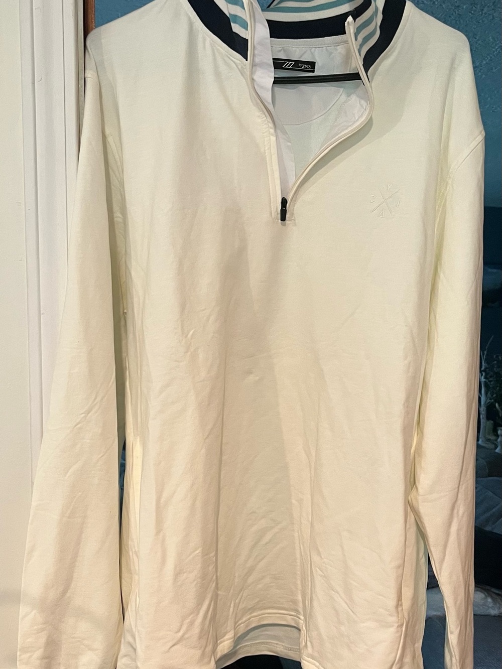 Unisex Cream Half-Zip Shirt with Navy-Trim Stand Collar